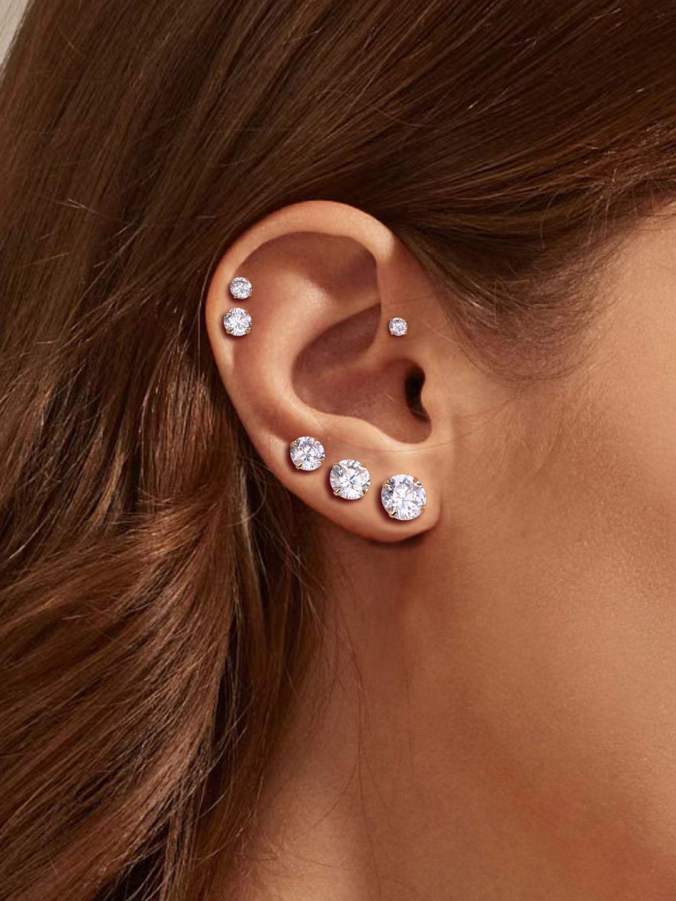 925 Sterling Silver Multi Size CZ Ball Back Stud Earrings In Gold