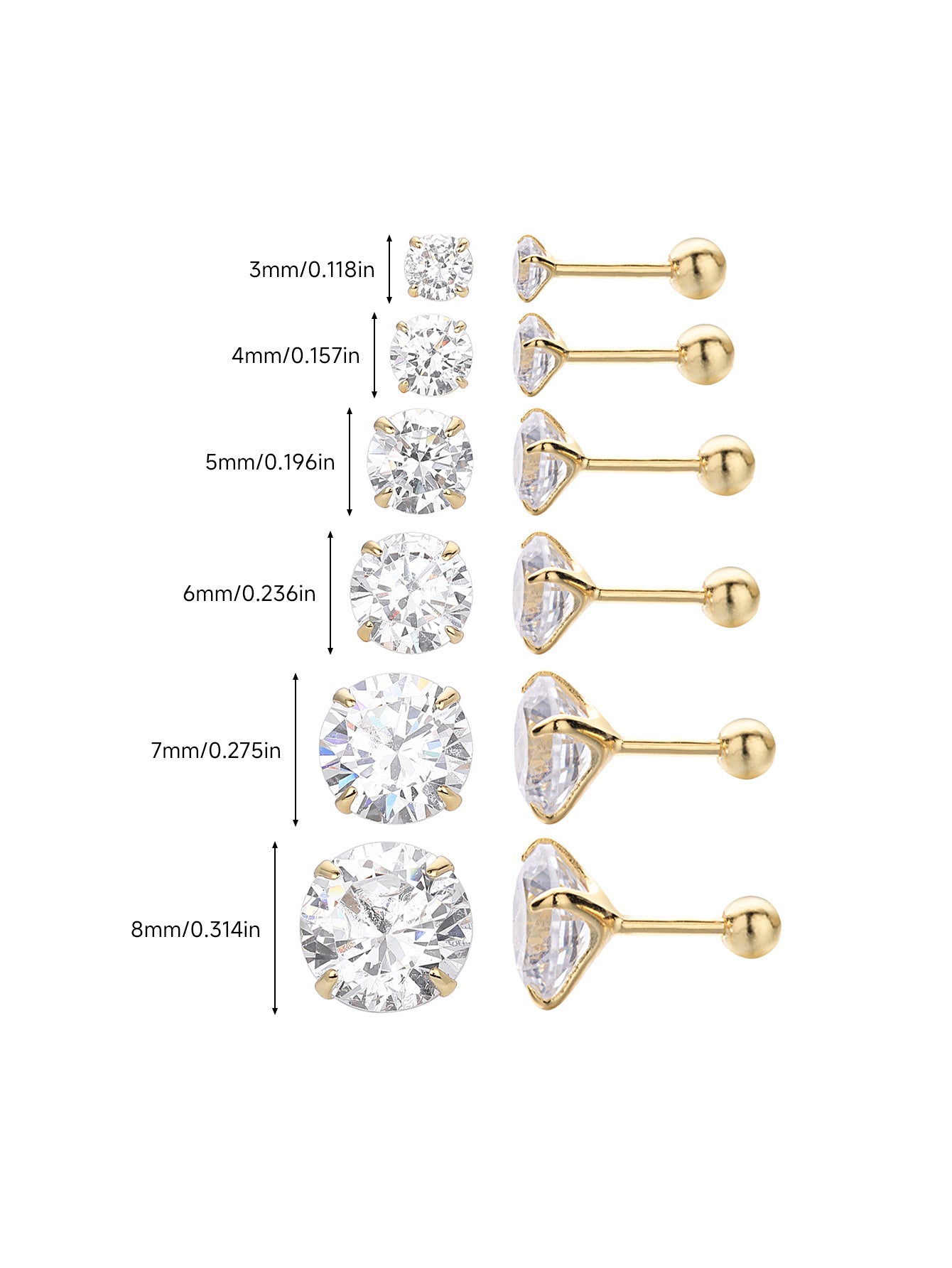 925 Sterling Silver Multi Size CZ Ball Back Stud Earrings In Gold