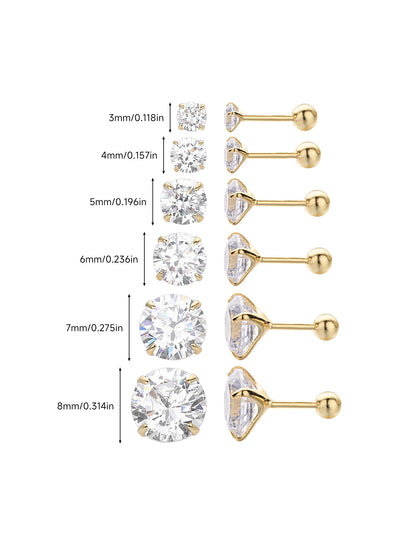 925 Sterling Silver Multi Size CZ Ball Back Stud Earrings In Gold