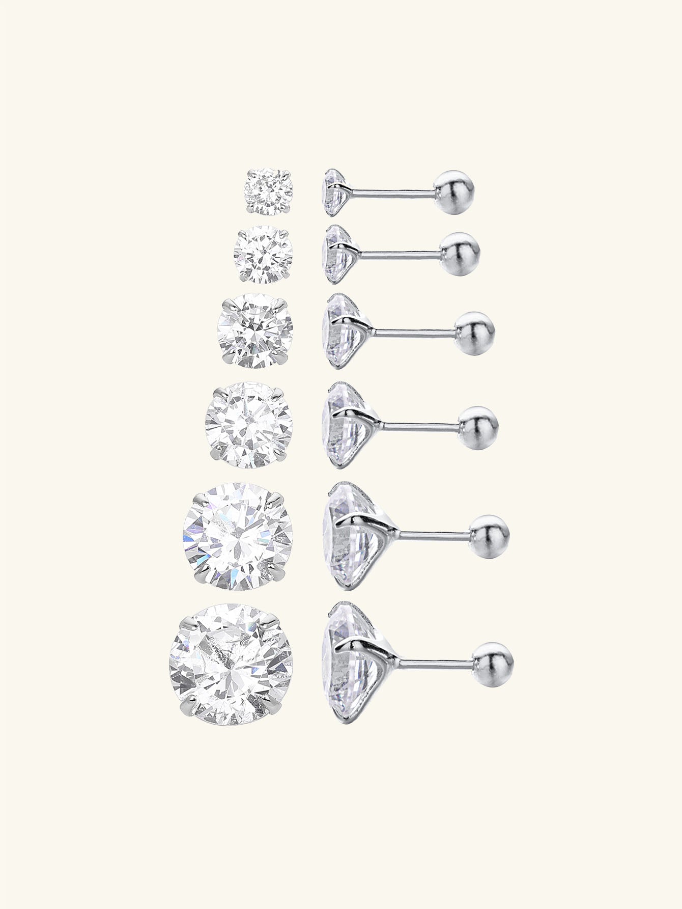 925 Sterling Silver Multi Size CZ Ball Back Stud Earrings In Silver