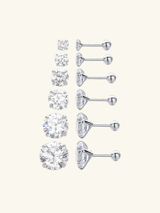 925 Sterling Silver Multi Size CZ Ball Back Stud Earrings In Silver