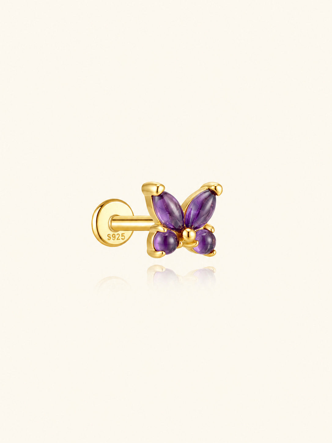 925 Sterling Silver Natural Amethyst Butterfly Flat Back Stud