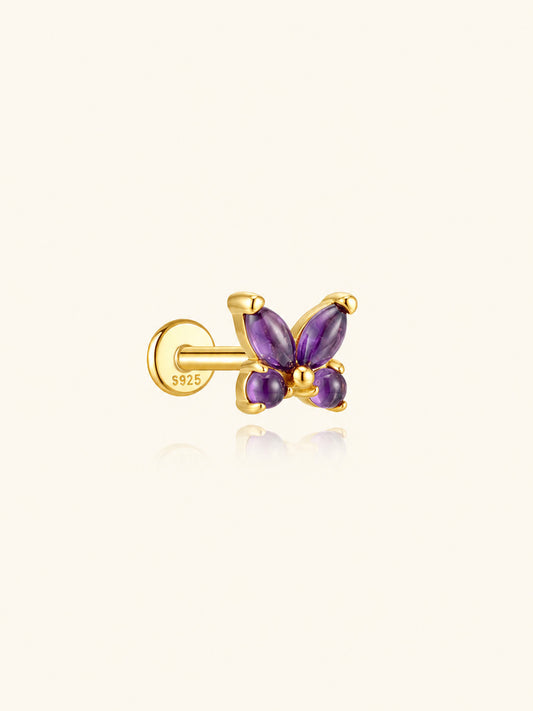925 Sterling Silver Natural Amethyst Butterfly Flat Back Stud