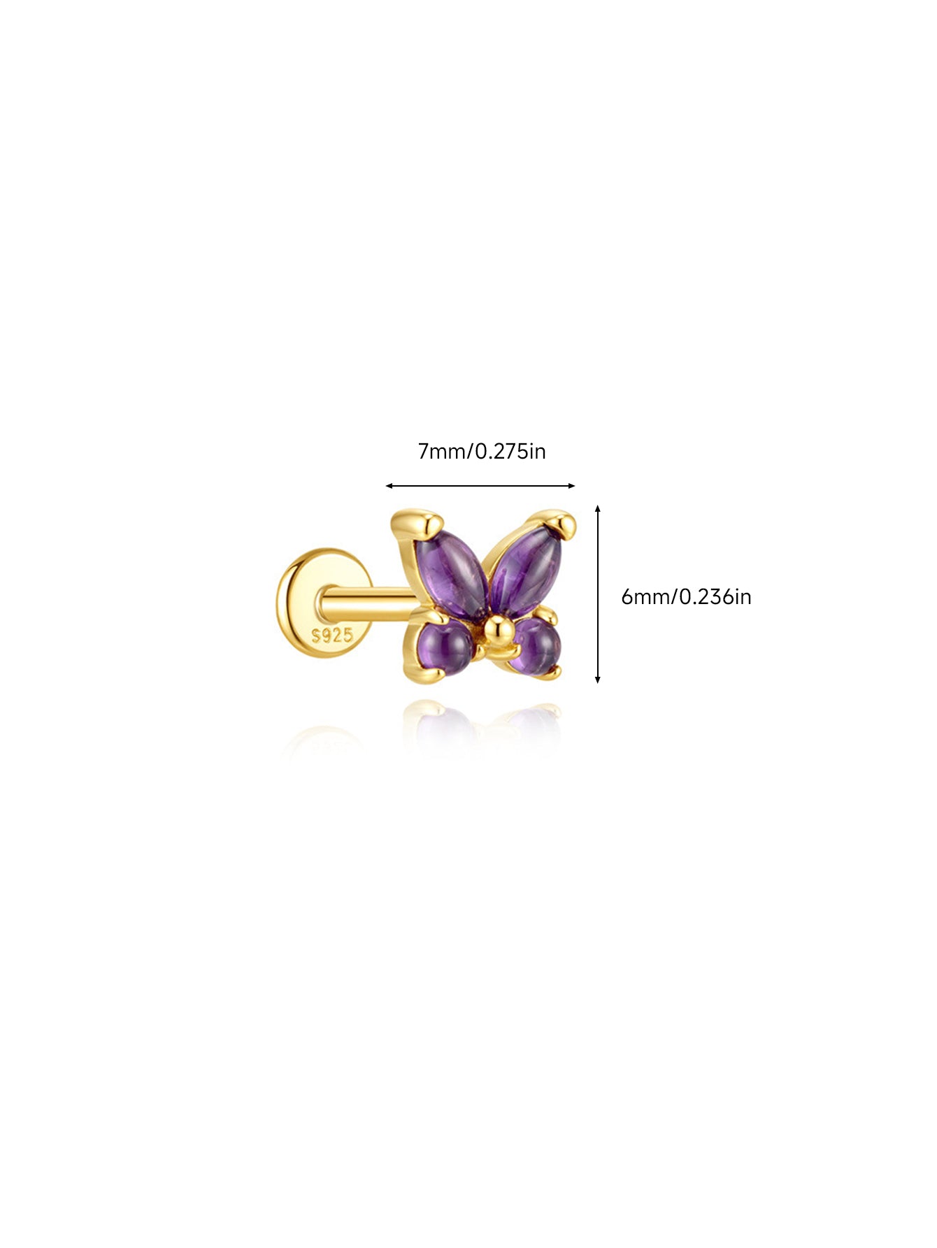 925 Sterling Silver Natural Amethyst Butterfly Flat Back Stud