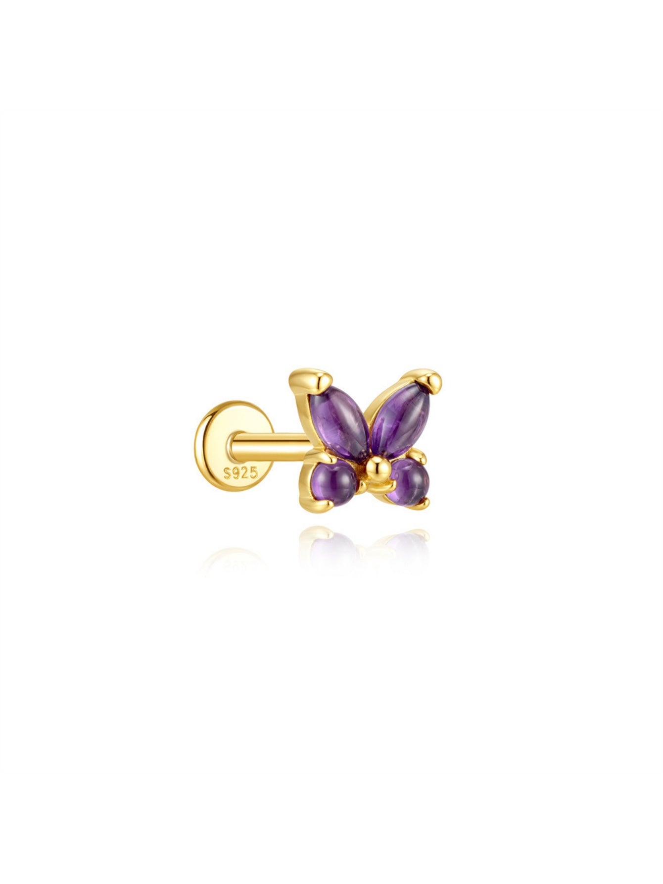 925 Sterling Silver Natural Amethyst Butterfly Flat Back Stud