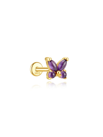 925 Sterling Silver Natural Amethyst Butterfly Flat Back Stud