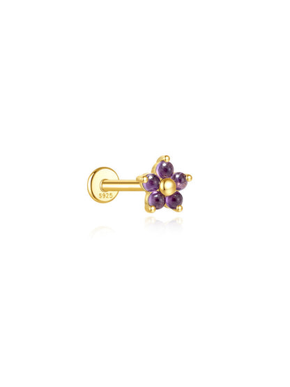 925 Sterling Silver Natural Amethyst Flower Flat Back Stud