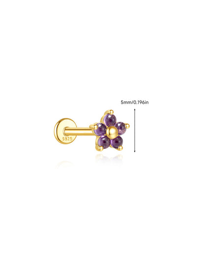 925 Sterling Silver Natural Amethyst Flower Flat Back Stud