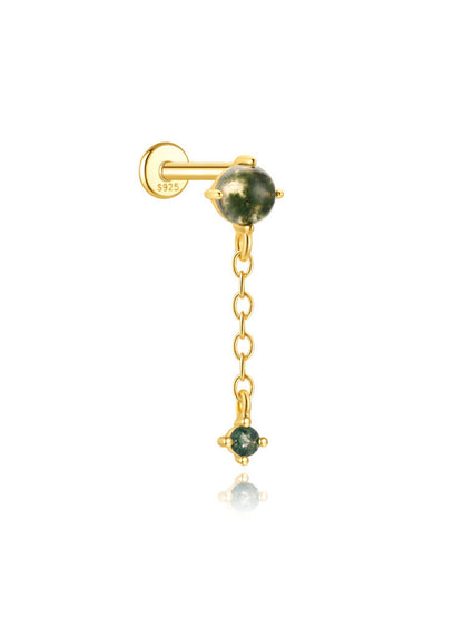 925 Sterling Silver Natural Moss Agate Drop Chain Flat Back Stud