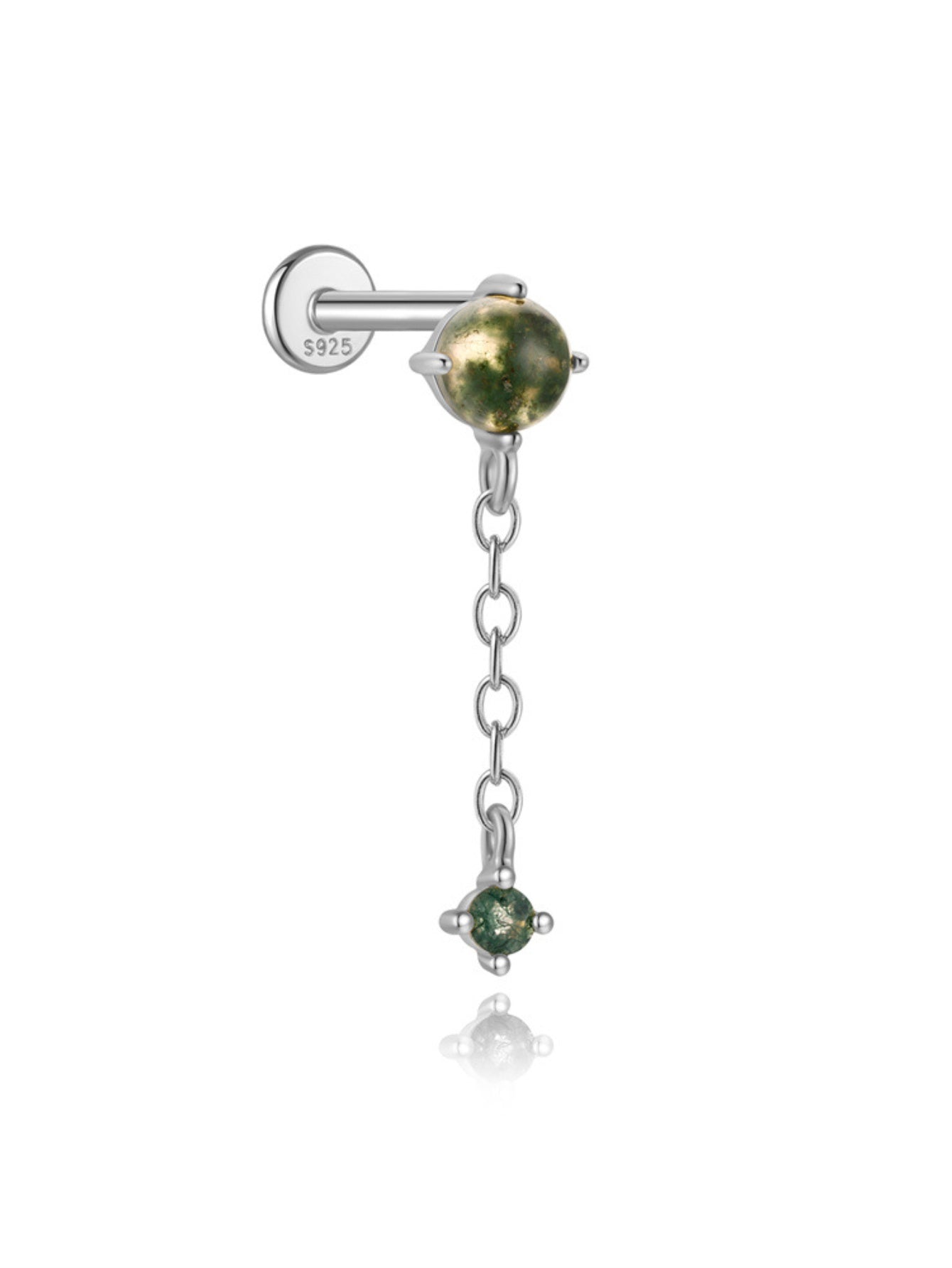 925 Sterling Silver Natural Moss Agate Drop Chain Flat Back Stud