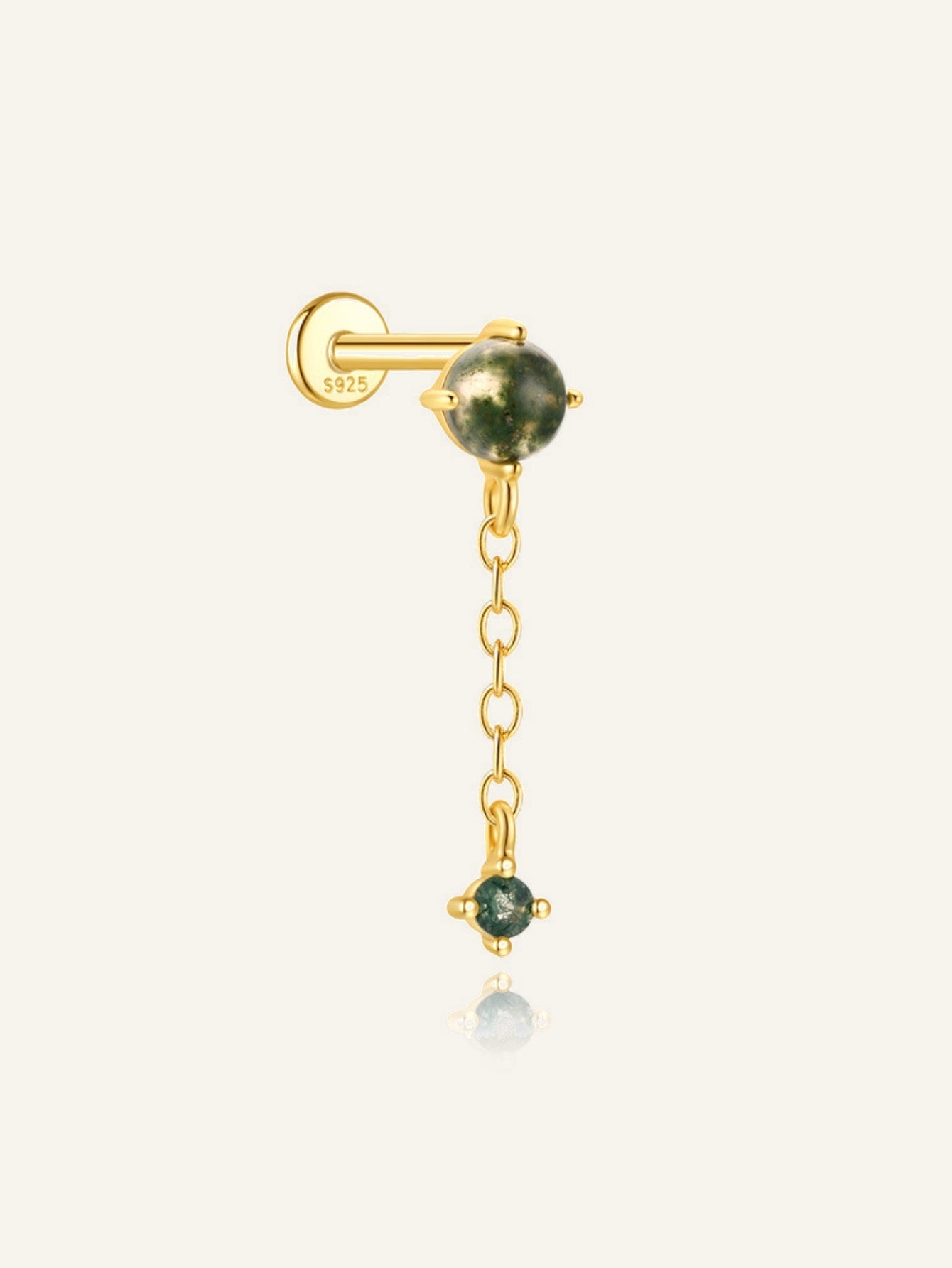 925 Sterling Silver Natural Moss Agate Drop Chain Flat Back Stud