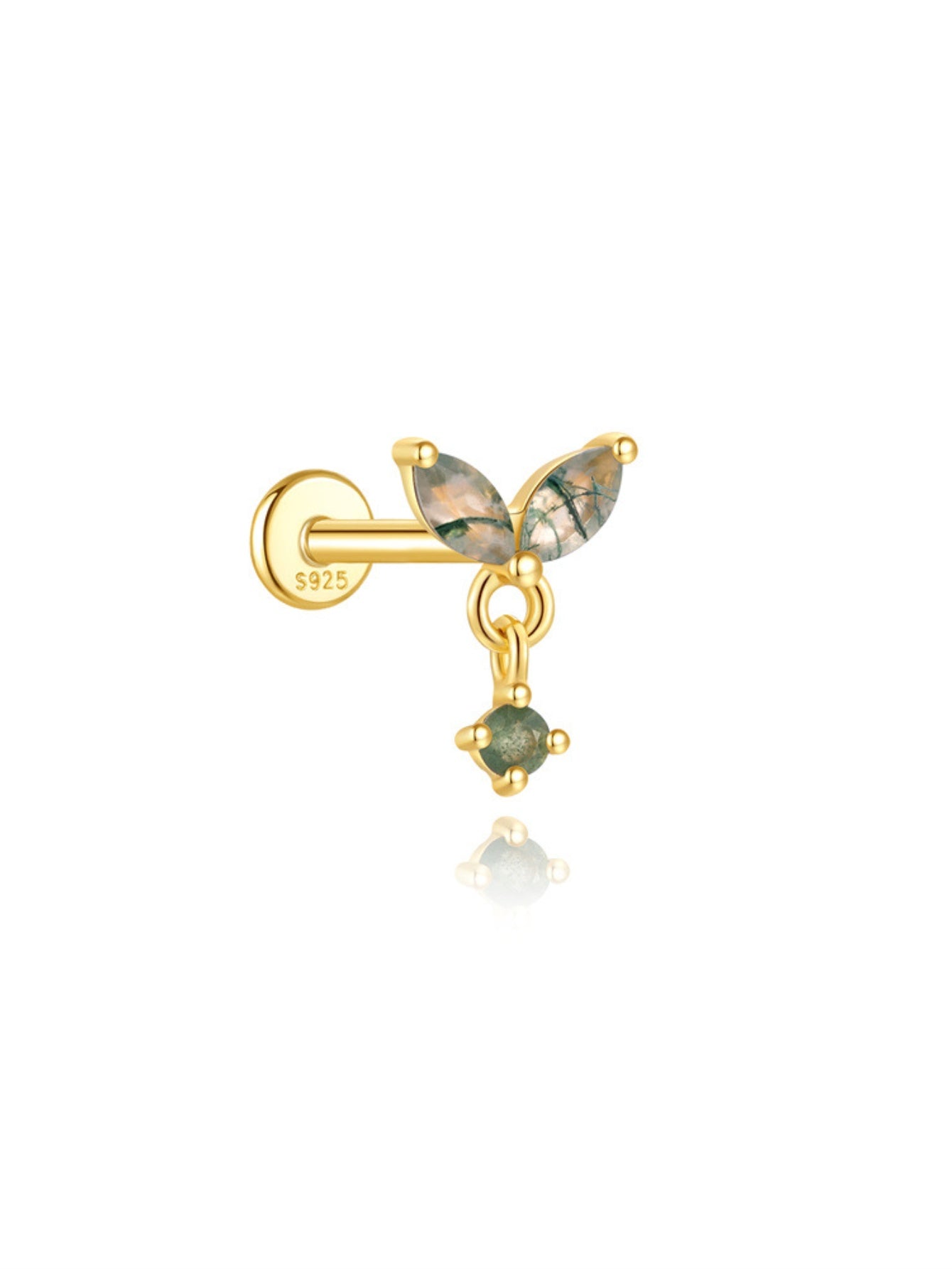 925 Sterling Silver Natural Moss Agate Leaf Drop Flat Back Stud