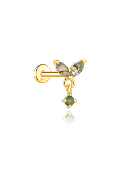 925 Sterling Silver Natural Moss Agate Leaf Drop Flat Back Stud