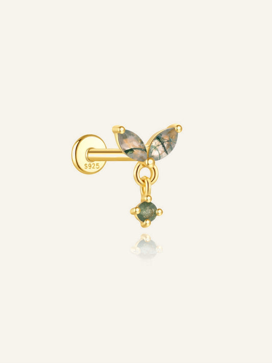 925 Sterling Silver Natural Moss Agate Leaf Drop Flat Back Stud