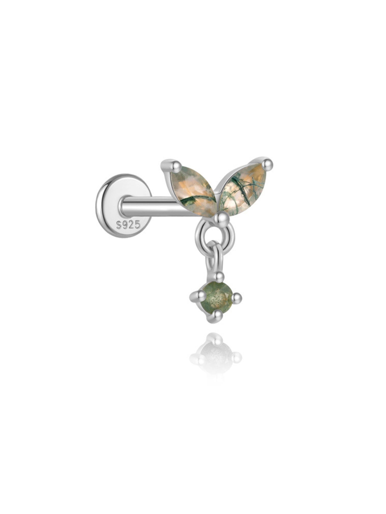 925 Sterling Silver Natural Moss Agate Leaf Drop Flat Back Stud