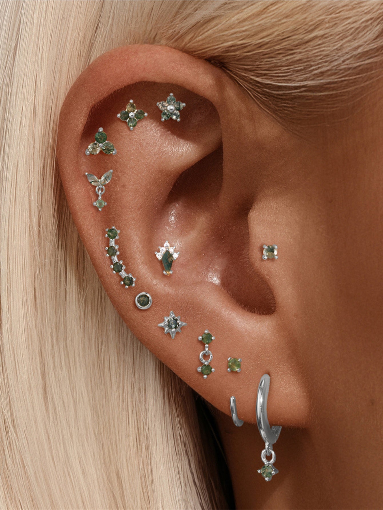 925 Sterling Silver Natural Moss Agate Leaf Drop Flat Back Stud