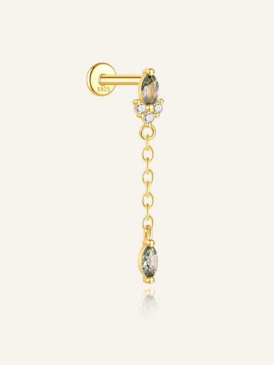 925 Sterling Silver Natural Moss Agate Long Chain Drop Flat Back Stud