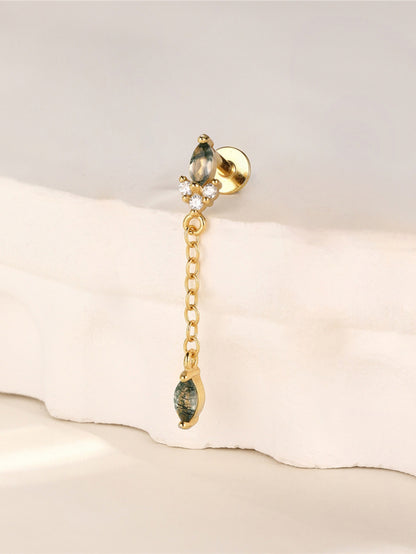 925 Sterling Silver Natural Moss Agate Long Chain Drop Flat Back Stud