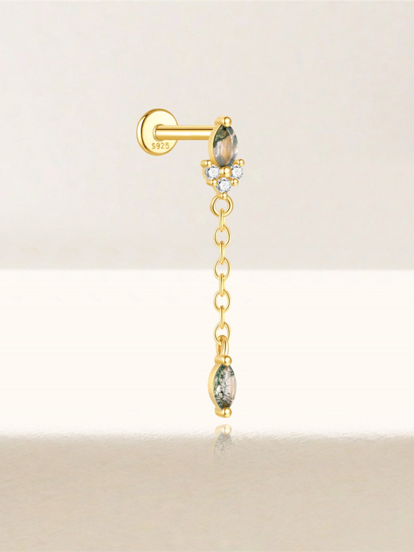 925 Sterling Silver Natural Moss Agate Long Chain Drop Flat Back Stud