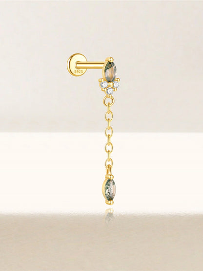 925 Sterling Silver Natural Moss Agate Long Chain Drop Flat Back Stud