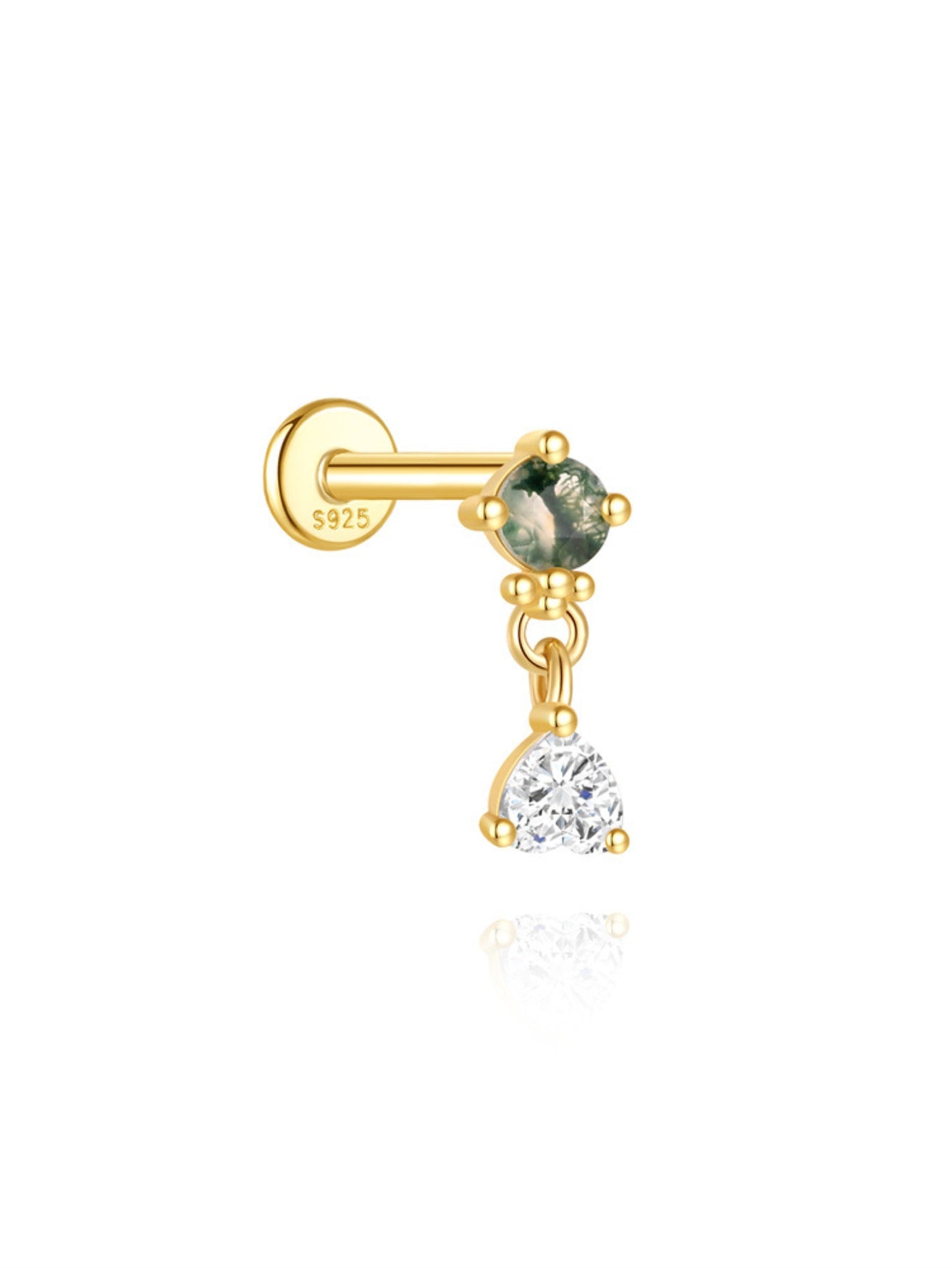 925 Sterling Silver Natural Moss Agate & Crystal Drop Flat Back Stud