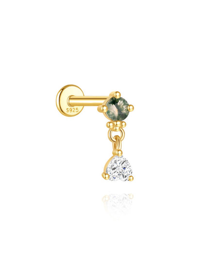 925 Sterling Silver Natural Moss Agate & Crystal Drop Flat Back Stud