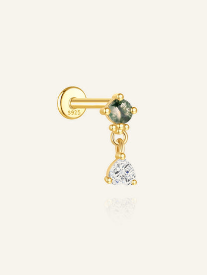 925 Sterling Silver Natural Moss Agate & Crystal Drop Flat Back Stud