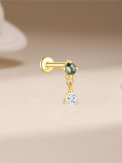 925 Sterling Silver Natural Moss Agate & Crystal Drop Flat Back Stud
