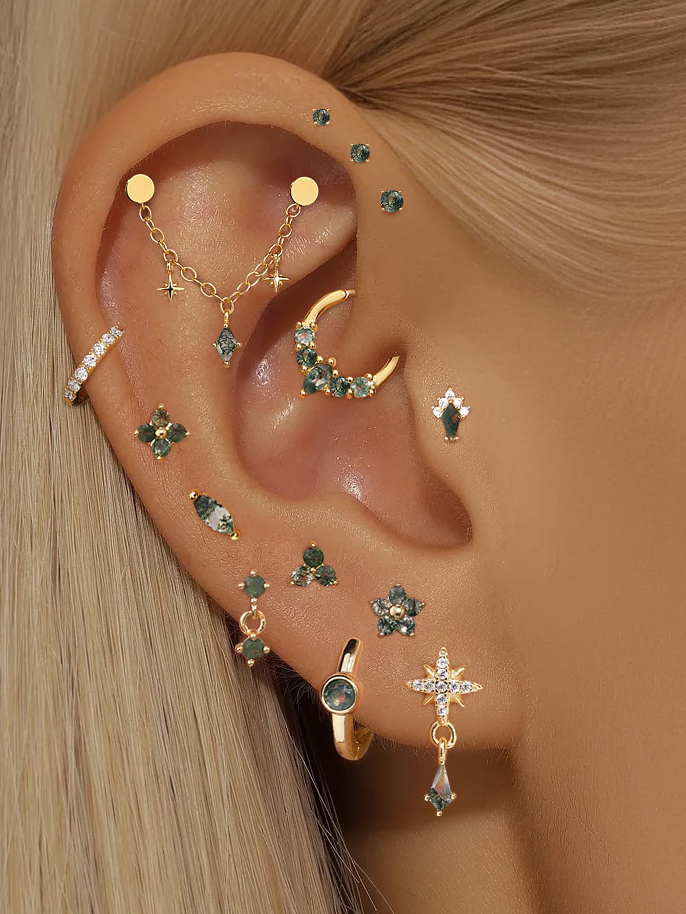 925 Sterling Silver Nature-Inspired Water Grass Agate Cartilage Stud