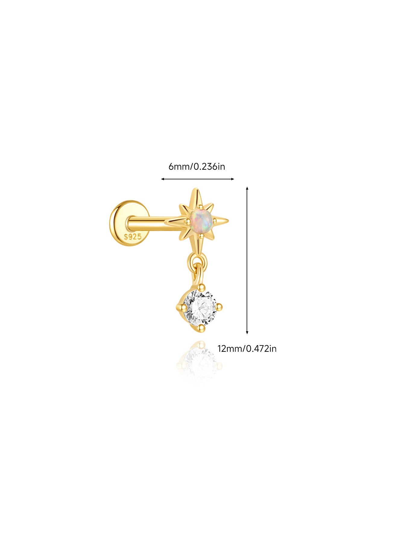 925 Sterling Silver Opal Star Dangle Flat Back Stud