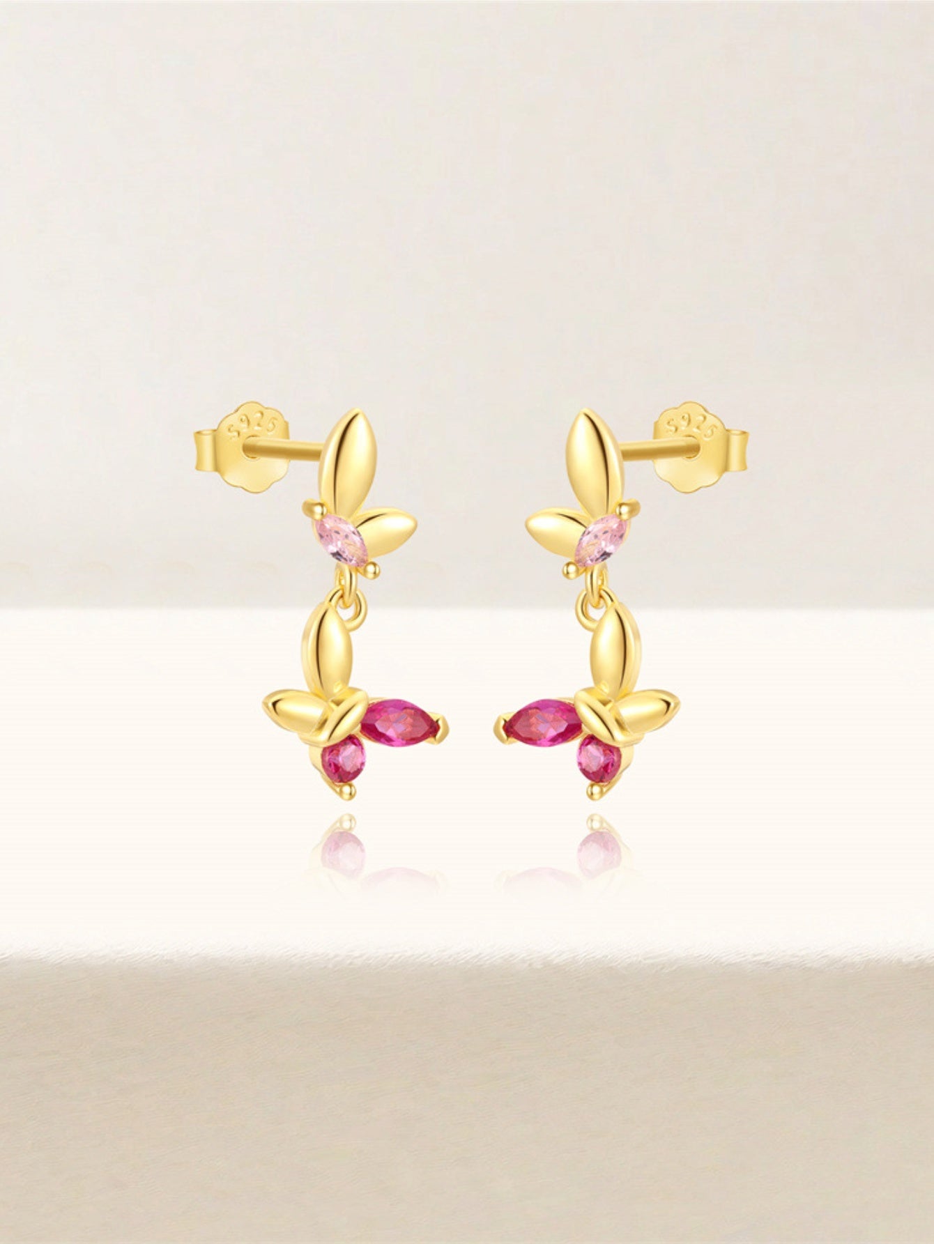 925 Sterling Silver Pink Crystal Butterfly Drop Earrings