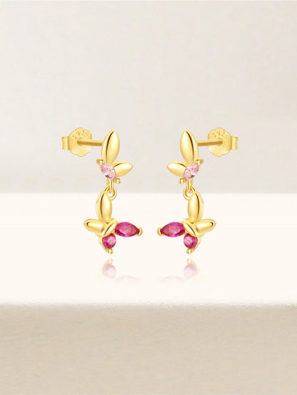 925 Sterling Silver Pink Crystal Butterfly Drop Earrings