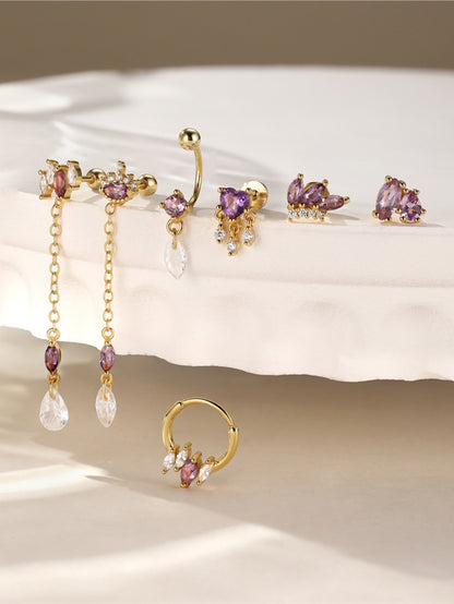 925 Sterling Silver Purple Heart CZ Dangle Flatback Stud