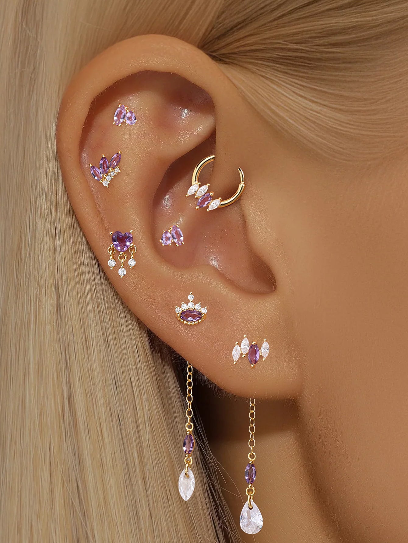 925 Sterling Silver Purple Heart CZ Dangle Flatback Stud