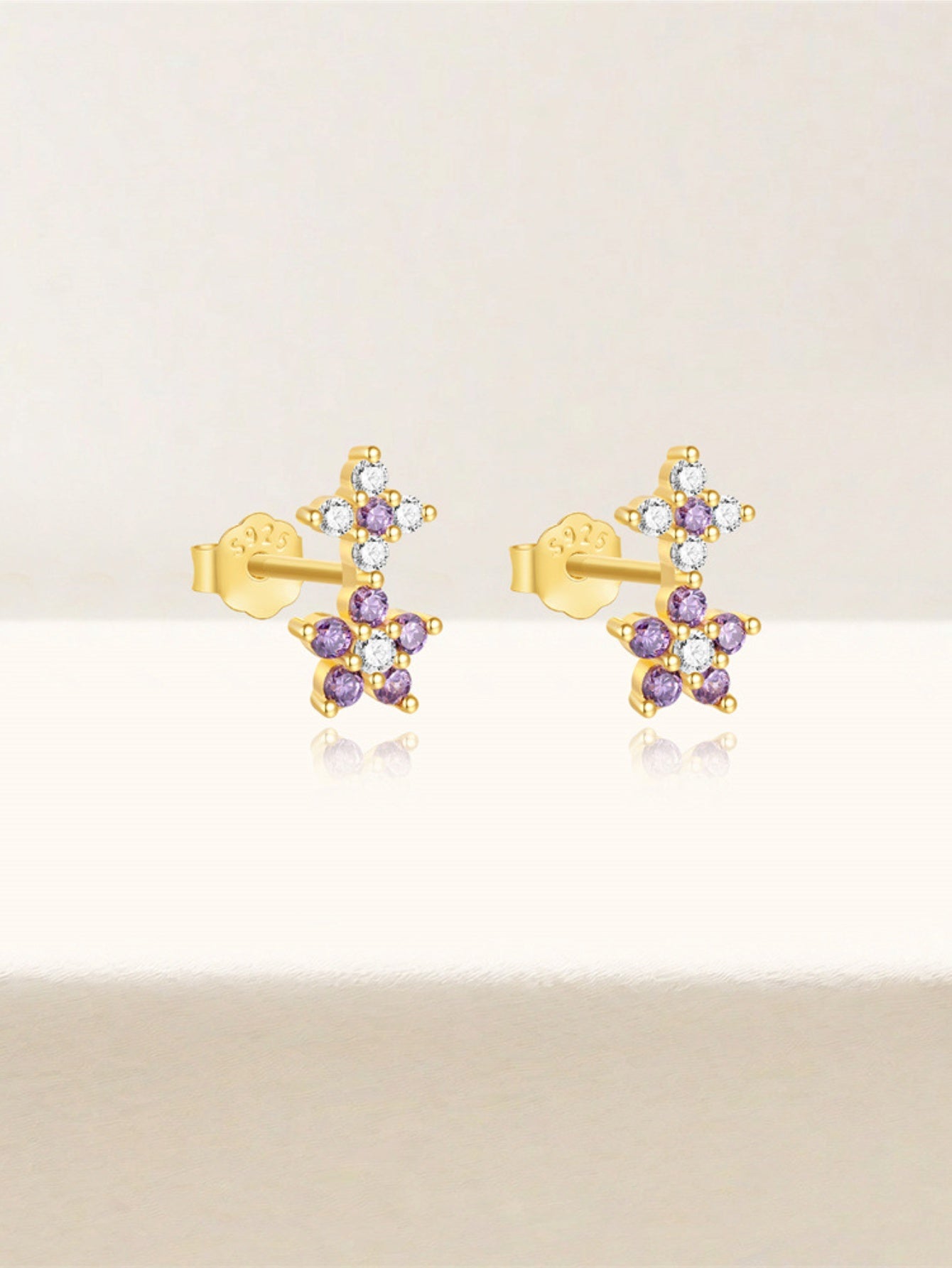 925 Sterling Silver Purple Crystal Cross & Flower Stud Earrings