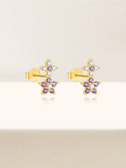 925 Sterling Silver Purple Crystal Cross & Flower Stud Earrings