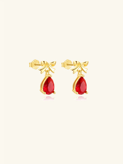 925 Sterling Silver Red Teardrop CZ Bow Stud Earrings