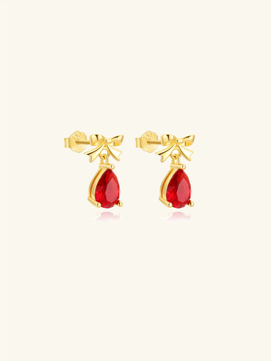 925 Sterling Silver Red Teardrop CZ Bow Stud Earrings