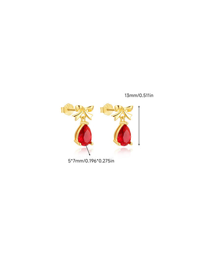 925 Sterling Silver Red Teardrop CZ Bow Stud Earrings