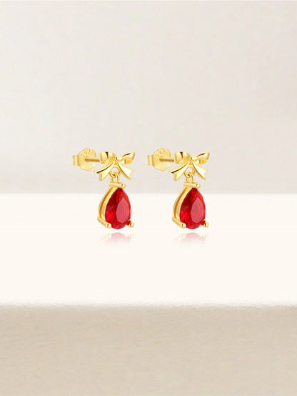 925 Sterling Silver Red Teardrop CZ Bow Stud Earrings