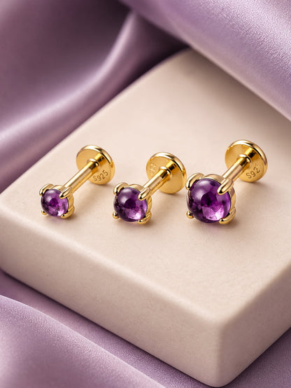 925 Sterling Silver Round Natural Amethyst Flat Back Stud