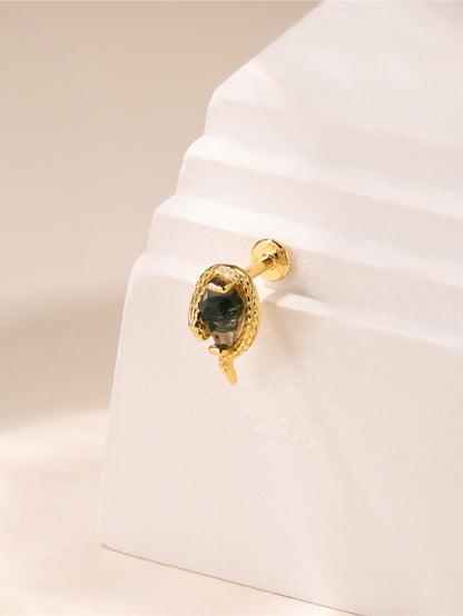 925 Sterling Silver Snake Wrap Moss Agate Piercing Stud