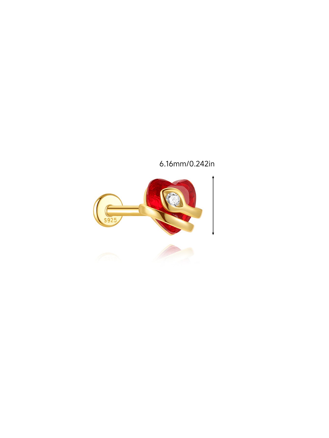 925 Sterling Silver Snake Wrapped Red Heart Flat Back Stud