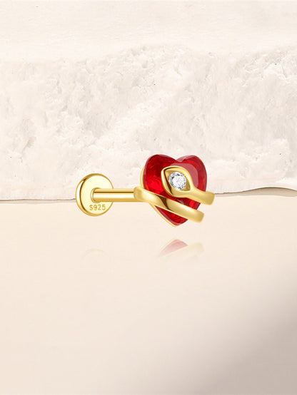 925 Sterling Silver Snake Wrapped Red Heart Flat Back Stud