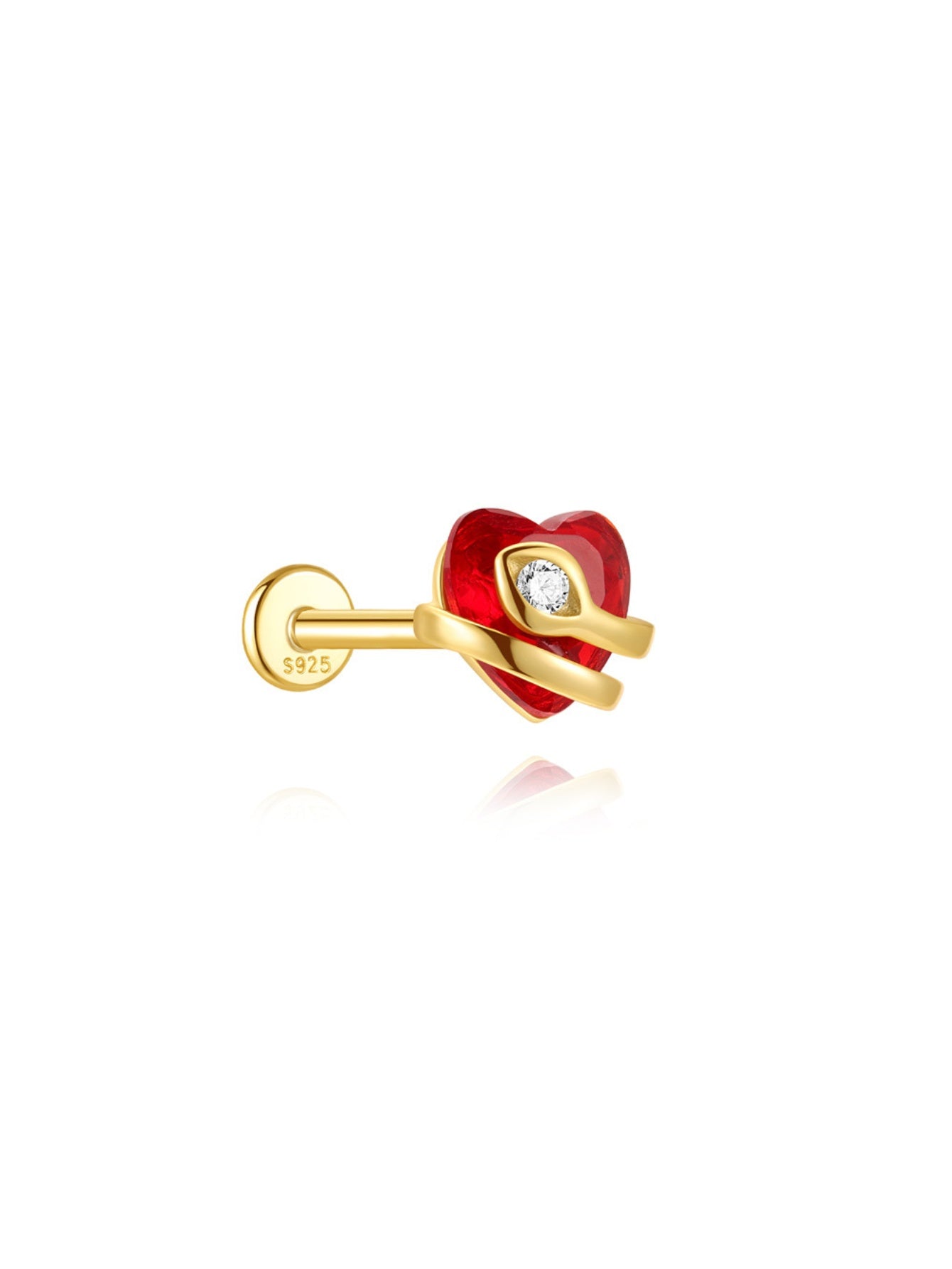925 Sterling Silver Snake Wrapped Red Heart Flat Back Stud