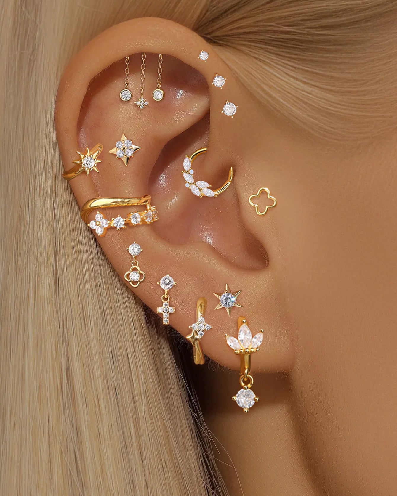 925 Sterling Silver CZ Clover Dangle Flat Back Piercing Stud