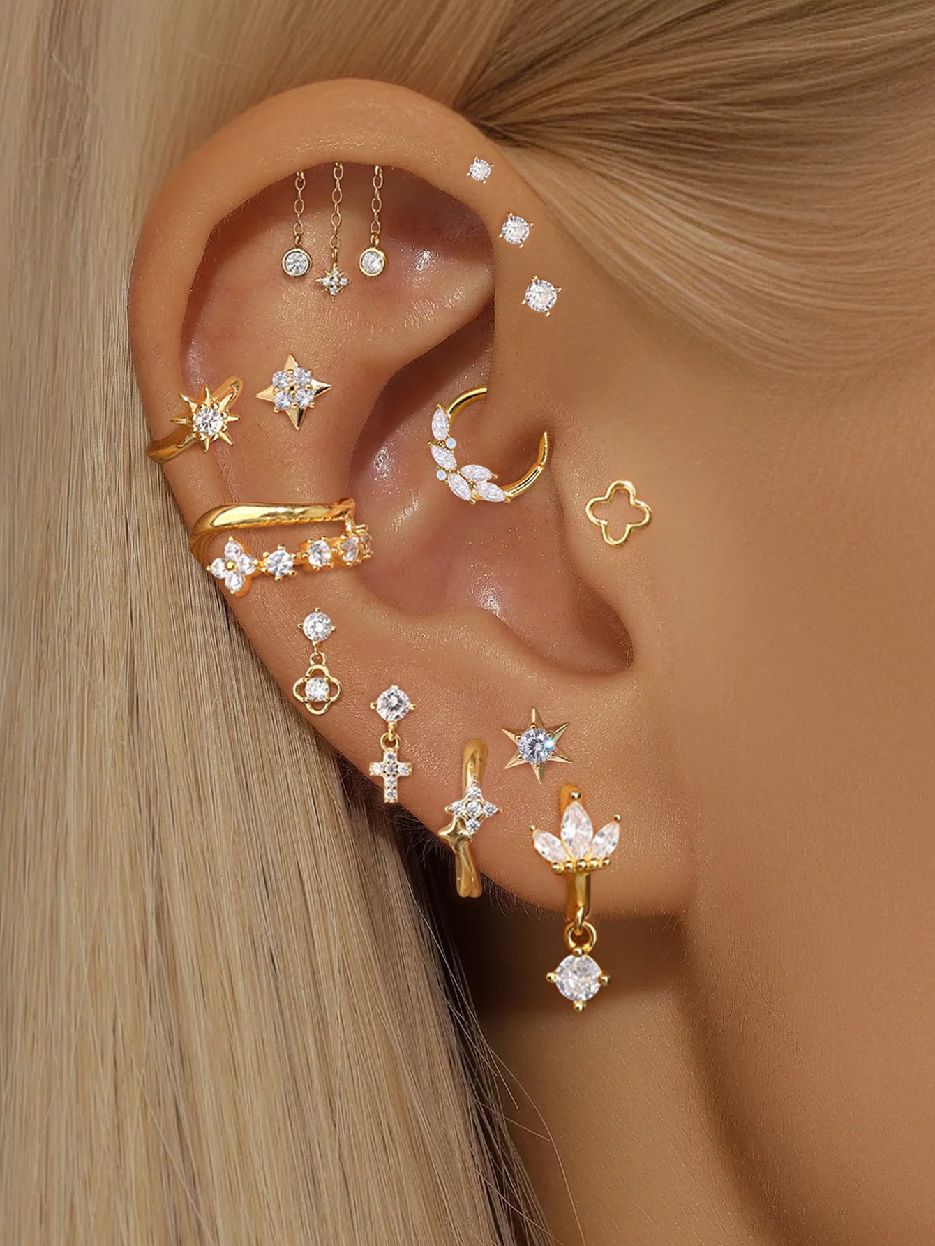 925 Sterling Silver CZ Clover Dangle Flat Back Piercing Stud