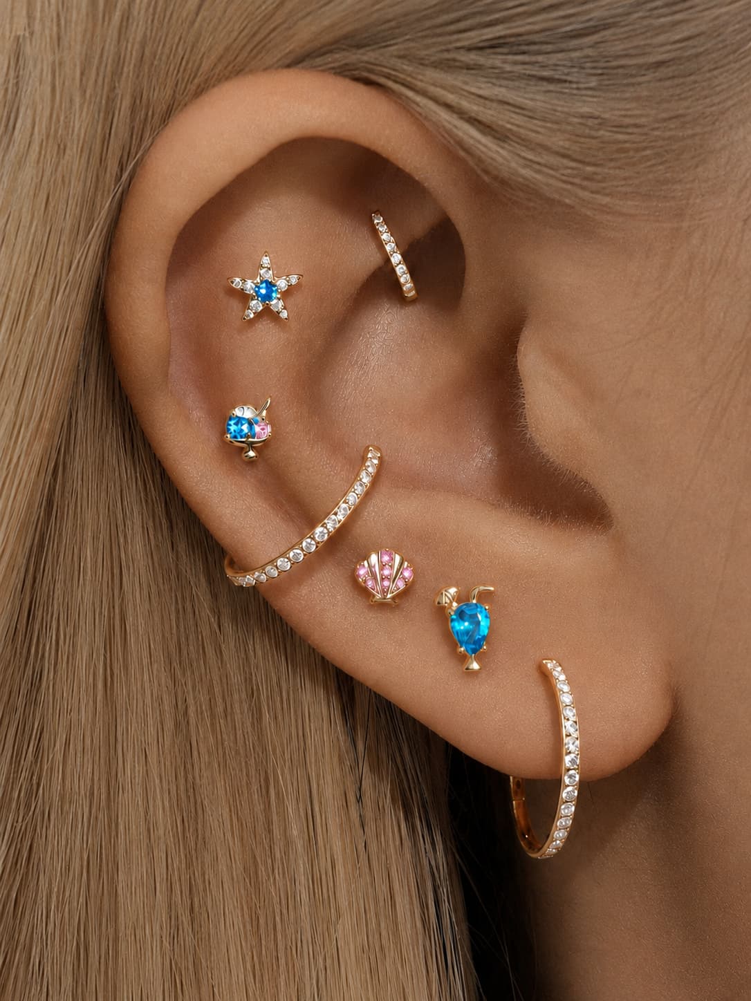 925 Sterling Silver Summer Vacation Flat Back Piercing Ear Stack
