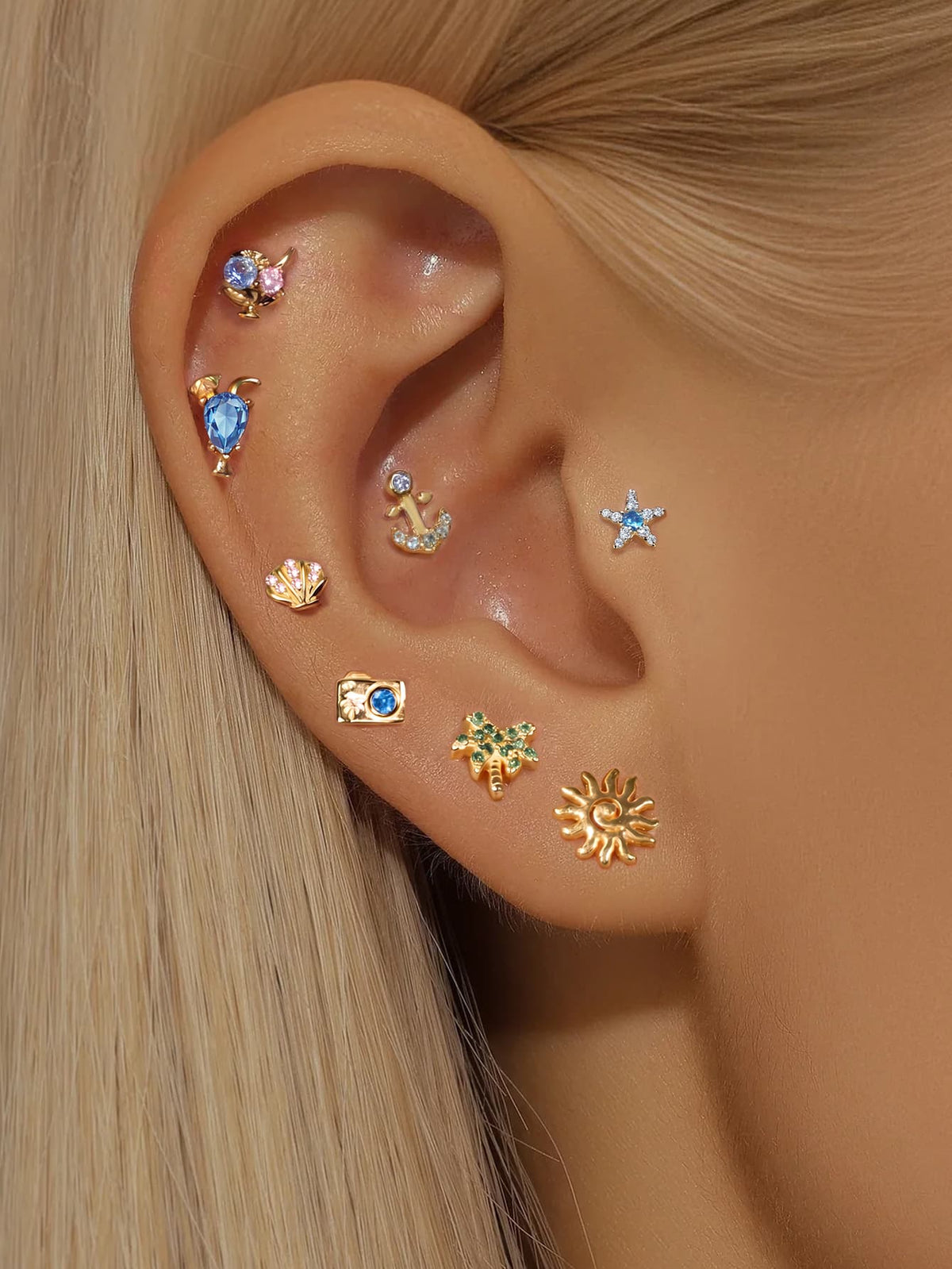 925 Sterling Silver Summer Vacation Flat Back Piercing Ear Stack