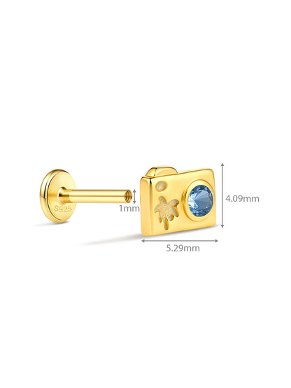 925 Sterling Silver Travel Camera Flat Back Stud Earring